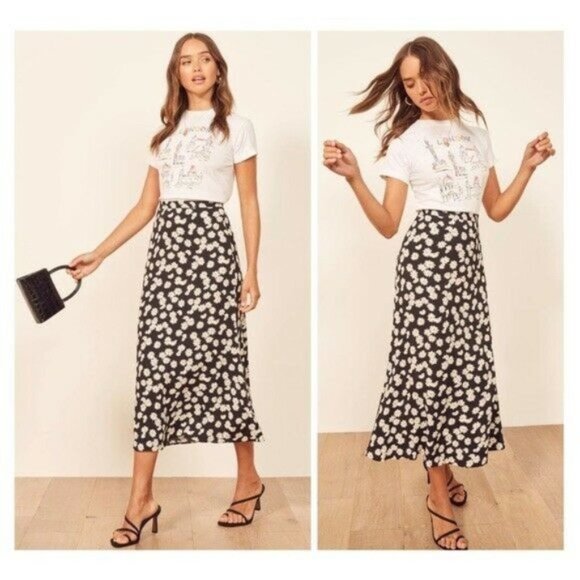 REFORMATION Bea Daisy Daisies Midi Skirt Black 8